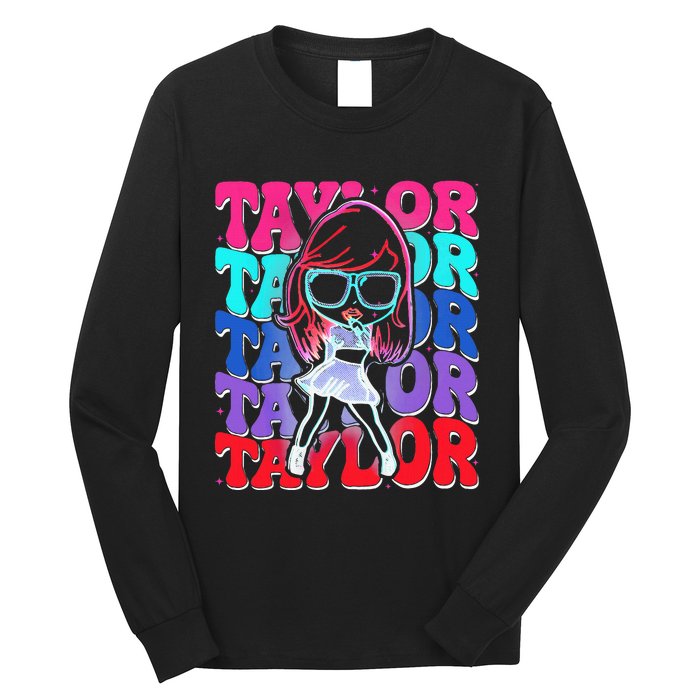 Women Girl Taylor First Name Personalized Groovy Birthday Long Sleeve Shirt