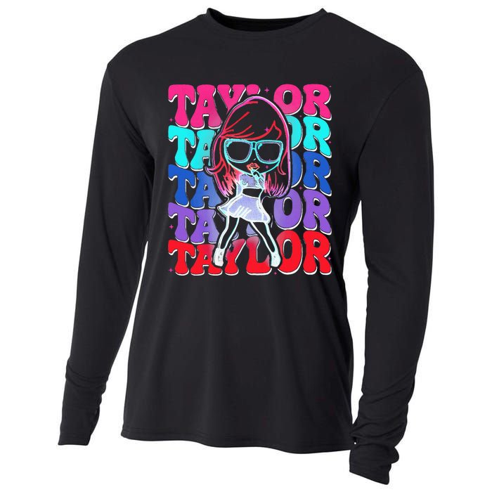 Women Girl Taylor First Name Personalized Groovy Birthday Cooling Performance Long Sleeve Crew