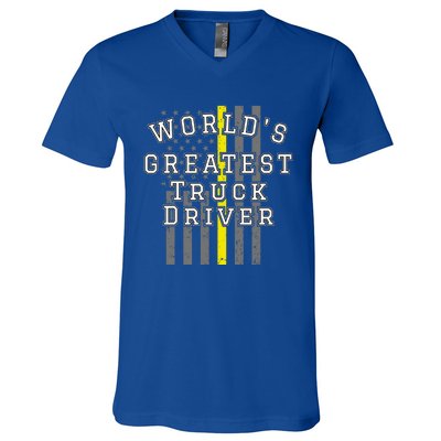 Worlds Greatest Truck Driver Thin Yellow Line Us Flag Gift V-Neck T-Shirt