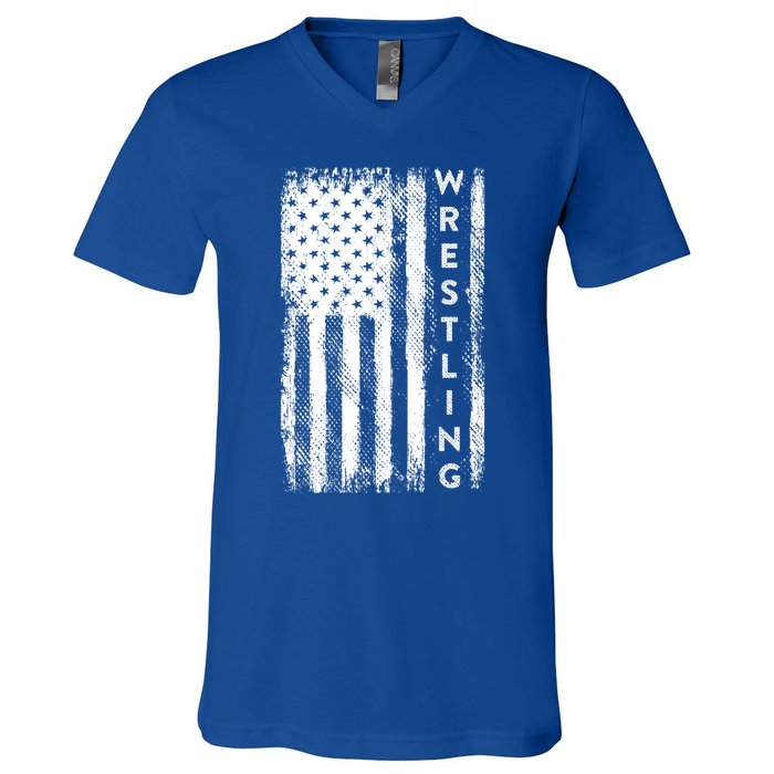 Wrestling Gift Usa American Flag Wrestling Gift V-Neck T-Shirt