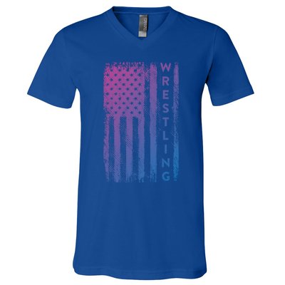 Wrestling Gift Usa American Flag Wrestling Gift V-Neck T-Shirt