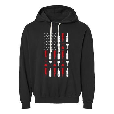 Wine Glass Vintage Usa Flag Patriotic Drinker Garment-Dyed Fleece Hoodie