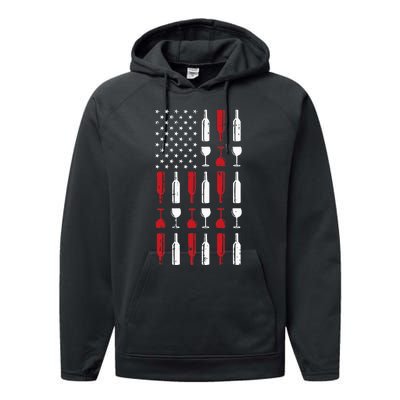 Wine Glass Vintage Usa Flag Patriotic Drinker Performance Fleece Hoodie