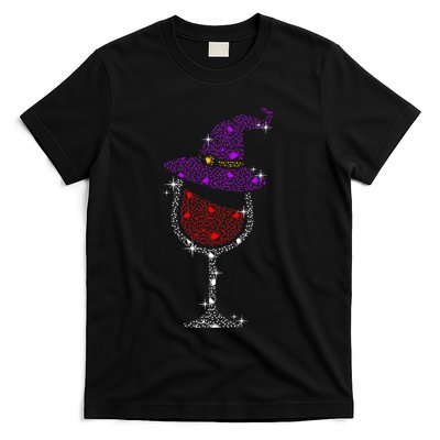 Wine Glass Witch Bling Rhinestone Halloween Spooky Party T-Shirt