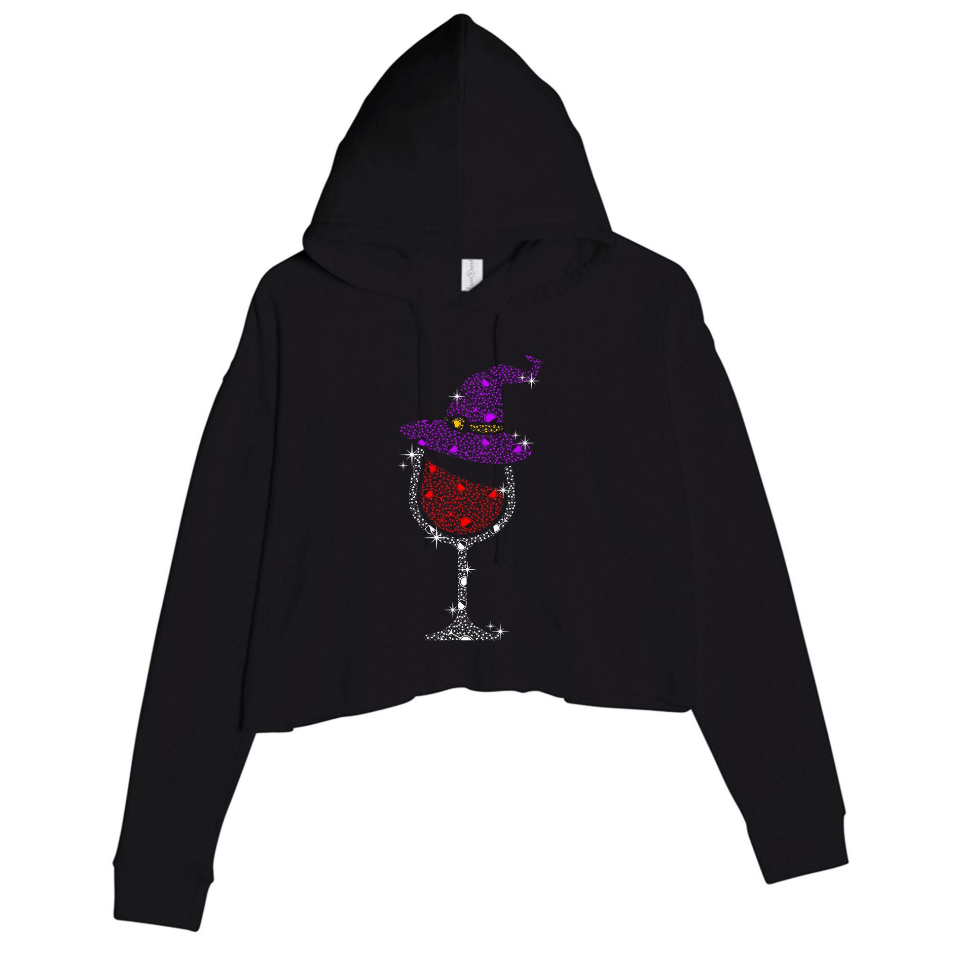 Wine Glass Witch Bling Rhinestone Halloween Spooky Party Crop Fleece Hoodie