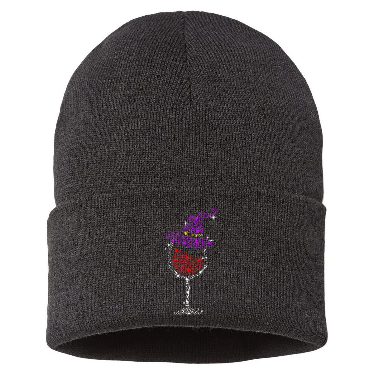 Wine Glass Witch Bling Rhinestone Halloween Spooky Party Sustainable Knit Beanie