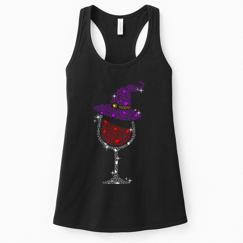 Wine Glass Witch Bling Rhinestone Halloween Spooky Party Womens Tank Top