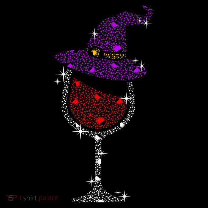 Wine Glass Witch Bling Rhinestone Halloween Spooky Party Womens T-Shirt