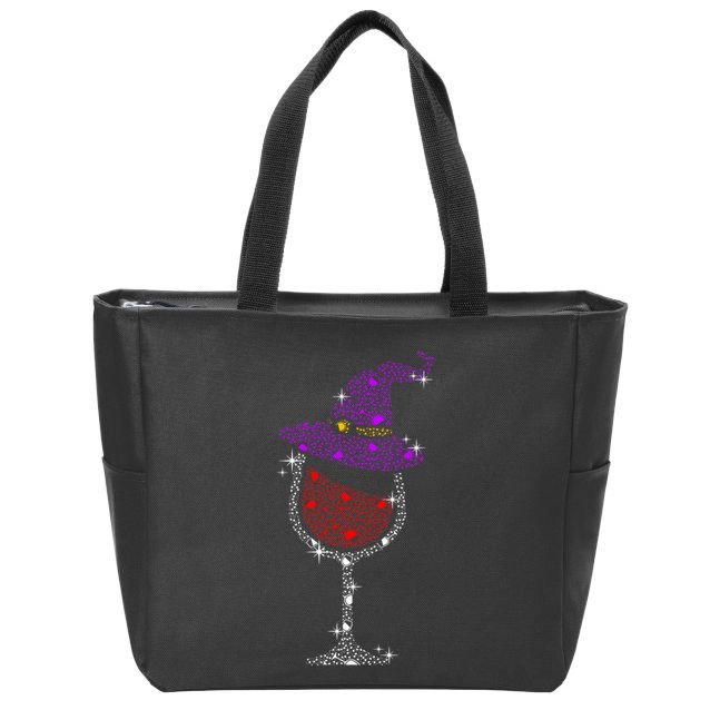 Wine Glass Witch Bling Rhinestone Halloween Spooky Party Zip Tote Bag