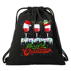 Wine Glass Xmas Christmas Wine Santa Hat Elf Reindeer Lights Drawstring Bag