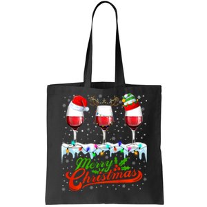 Wine Glass Xmas Christmas Wine Santa Hat Elf Reindeer Lights Tote Bag