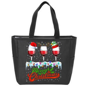 Wine Glass Xmas Christmas Wine Santa Hat Elf Reindeer Lights Zip Tote Bag