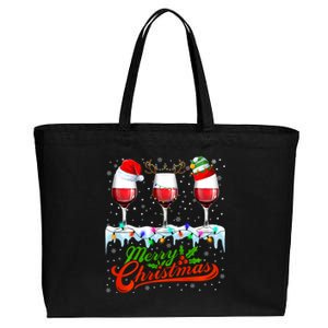 Wine Glass Xmas Christmas Wine Santa Hat Elf Reindeer Lights Cotton Canvas Jumbo Tote