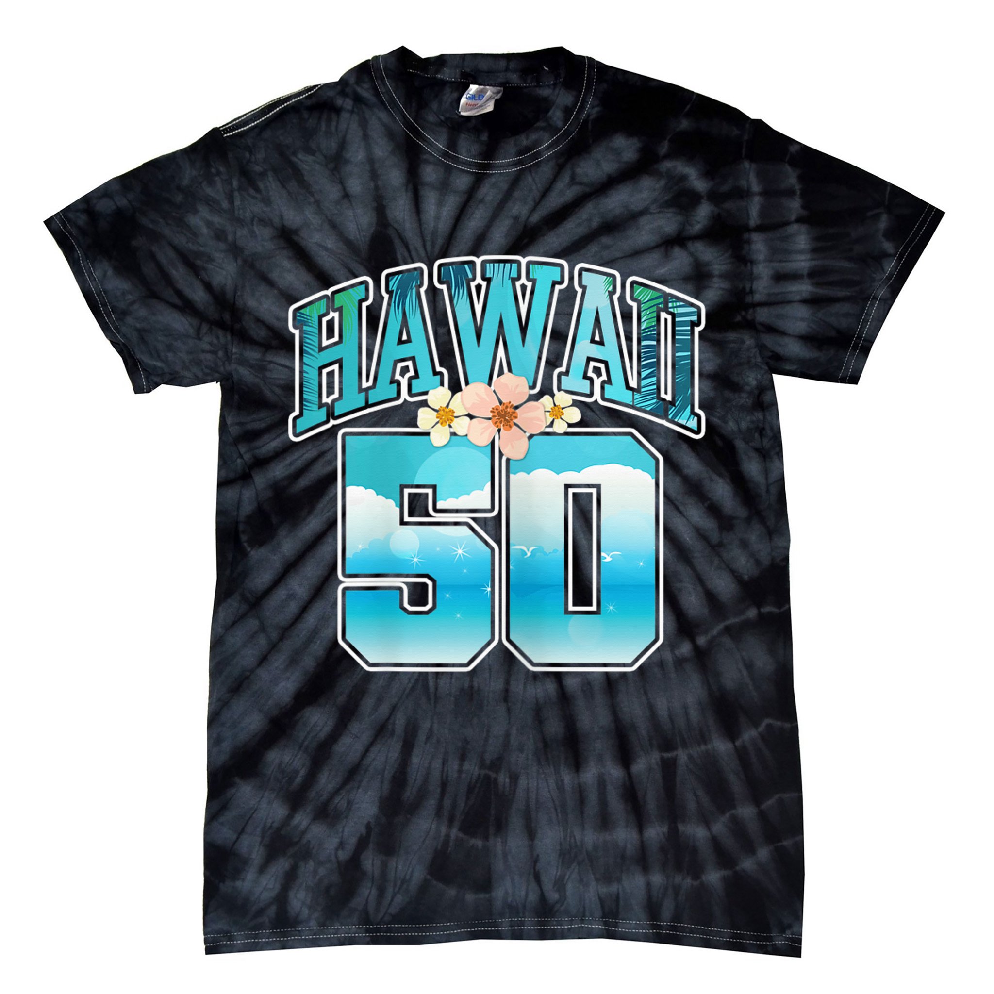 Wo Hawaii 50 50th Birthday Hawaiian Aloha Beach Hibiscus Tie-Dye T-Shirt