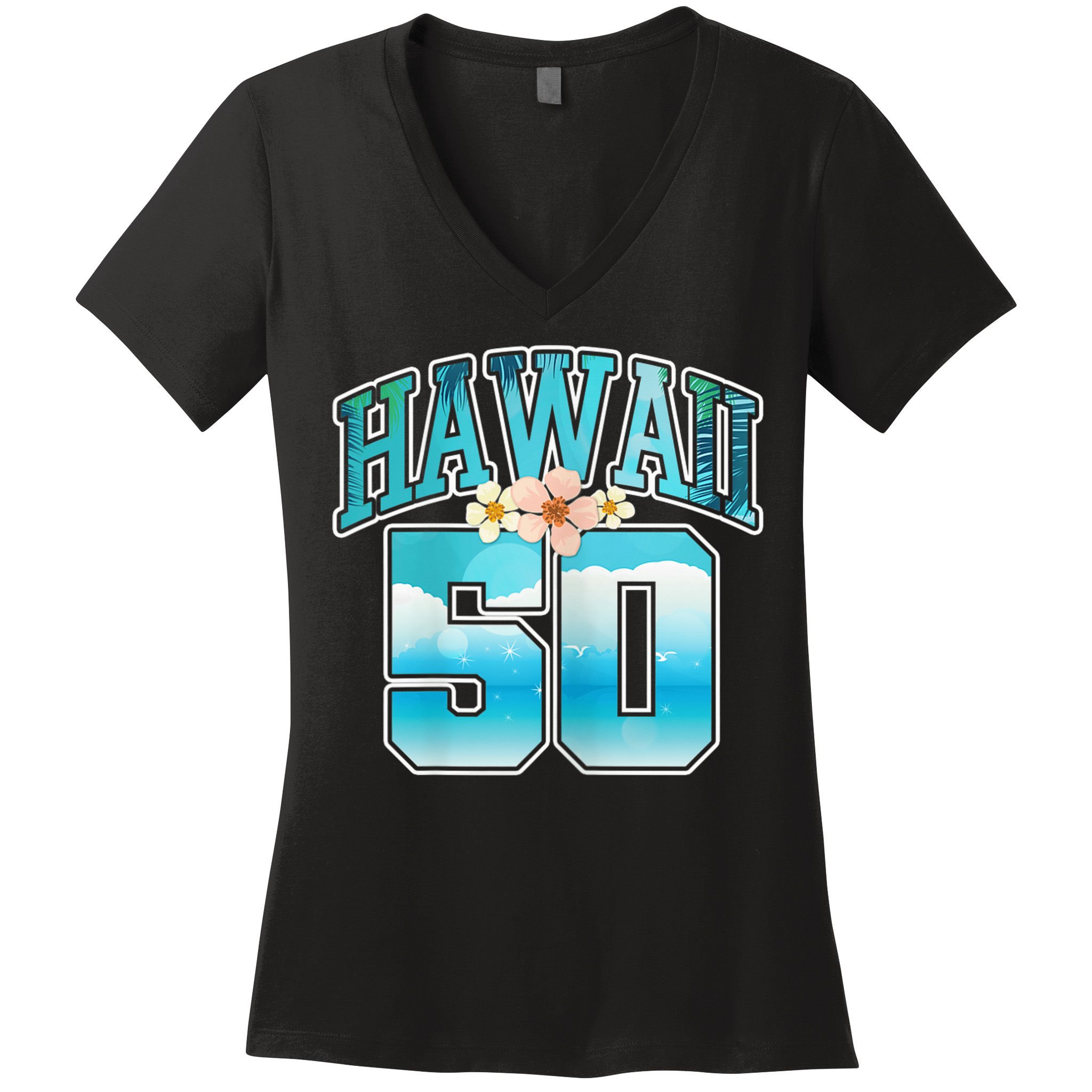Wo Hawaii 50 50th Birthday Hawaiian Aloha Beach Hibiscus Women's V-Neck T-Shirt