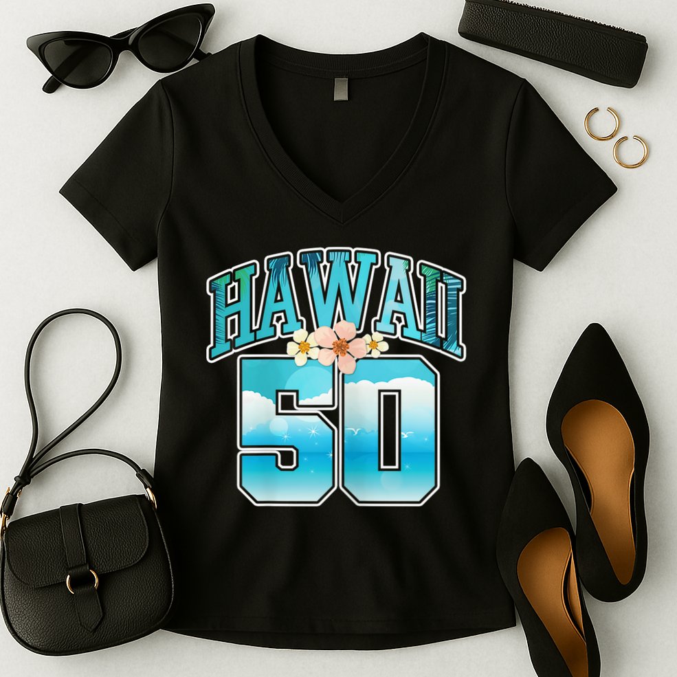 Wo Hawaii 50 50th Birthday Hawaiian Aloha Beach Hibiscus Women's V-Neck T-Shirt