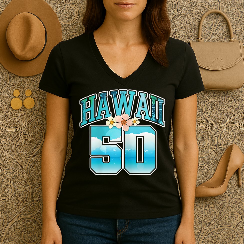 Wo Hawaii 50 50th Birthday Hawaiian Aloha Beach Hibiscus Women's V-Neck T-Shirt
