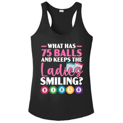 What Has 75 Balls And Keeps The Ladies Smiling Bingo Player Ladies PosiCharge Competitor Racerback Tank