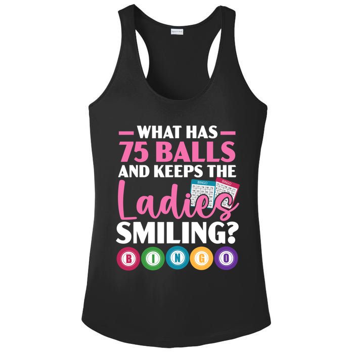 What Has 75 Balls And Keeps The Ladies Smiling Bingo Player Ladies PosiCharge Competitor Racerback Tank