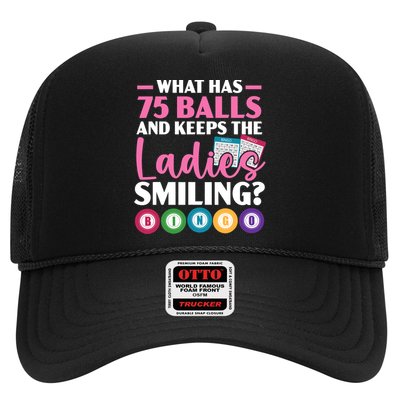 What Has 75 Balls And Keeps The Ladies Smiling Bingo Player Trucker Hat