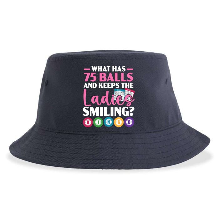 What Has 75 Balls And Keeps The Ladies Smiling Bingo Player Sustainable Bucket Hat