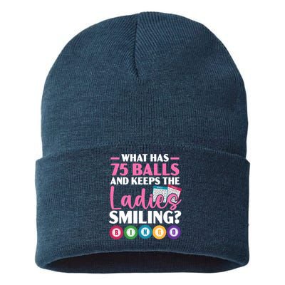 What Has 75 Balls And Keeps The Ladies Smiling Bingo Player Sustainable Knit Beanie