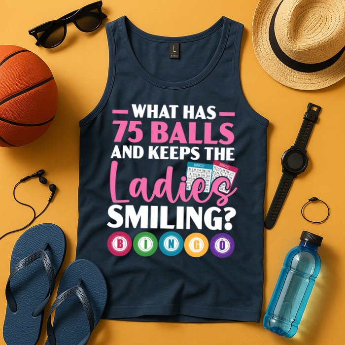 What Has 75 Balls And Keeps The Ladies Smiling Bingo Player Tank Top