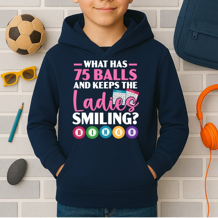 What Has 75 Balls And Keeps The Ladies Smiling Bingo Player Kids Hoodie