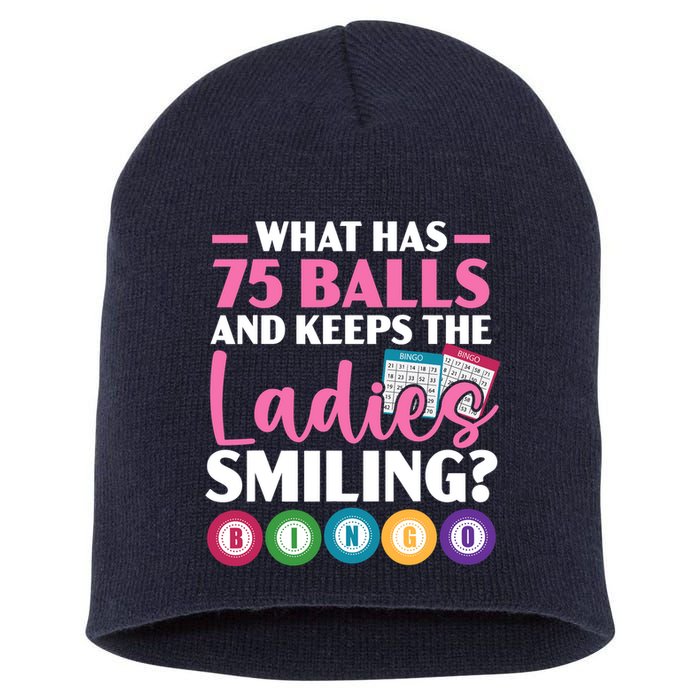 What Has 75 Balls And Keeps The Ladies Smiling Bingo Player Short Acrylic Beanie
