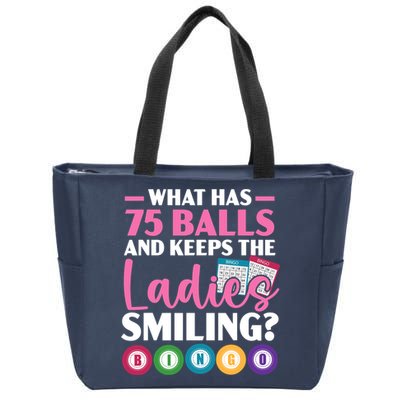 What Has 75 Balls And Keeps The Ladies Smiling Bingo Player Zip Tote Bag