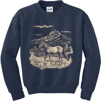 Wild Horse Art Portrait Horseback Riding Vintage Graphic Kids Sweatshirt