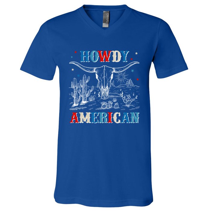 Western Howdy American Country Cow Skull Rodeo 4th Of July Funny Gift V-Neck T-Shirt