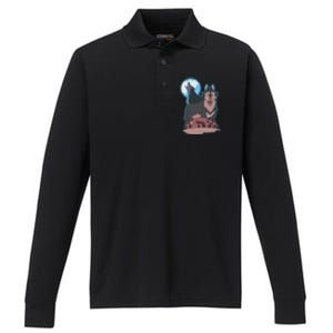 Wolves Howling At The Moon - Wolf Wolves Hunter Performance Long Sleeve Polo