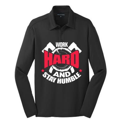 Work Hard And Stay Humble Axe Hatchet Throwing Axe Thrower Gift Silk Touch Performance Long Sleeve Polo