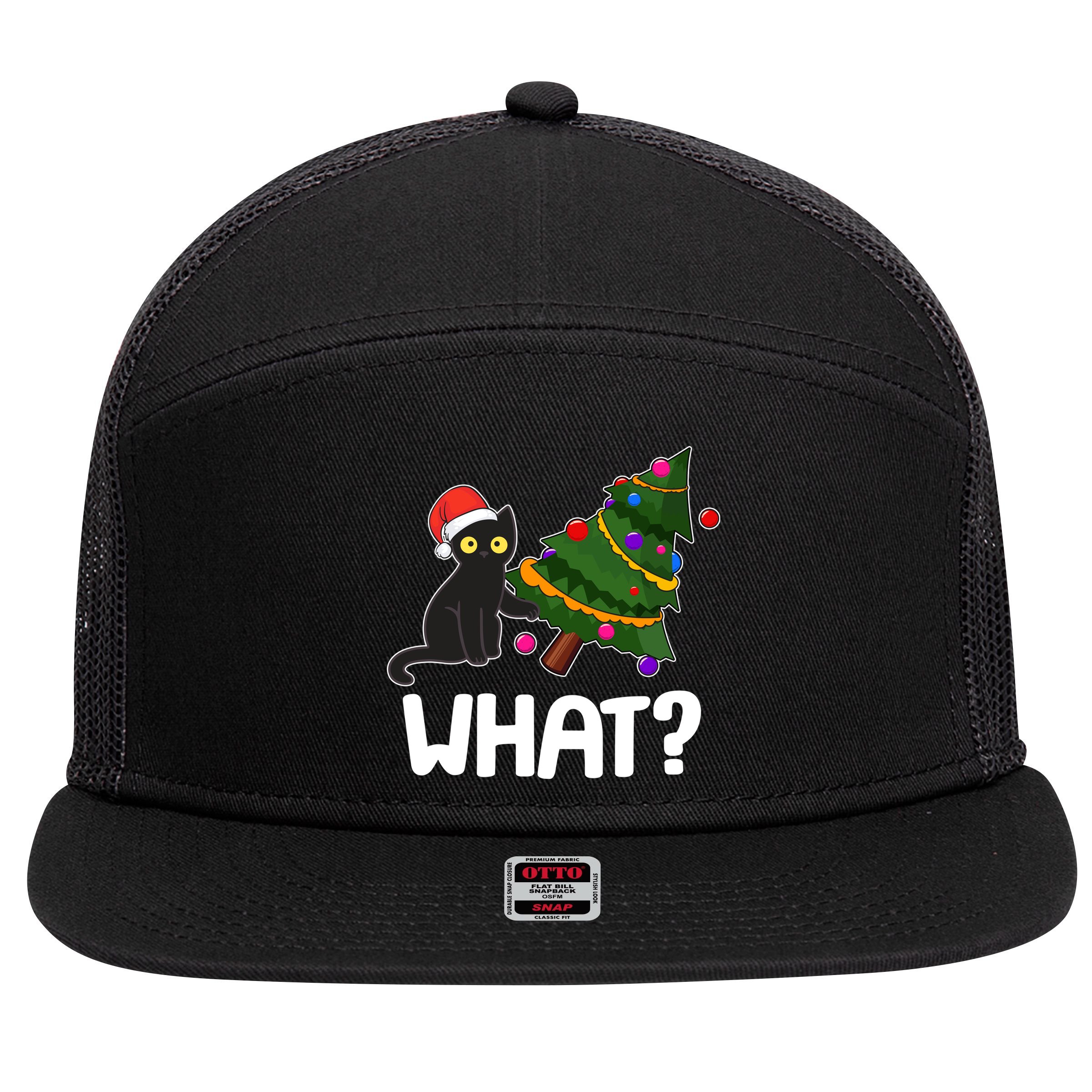What? Bad Cat Knocking Over Christmas Tree 7 Panel Mesh Trucker Snapback Hat