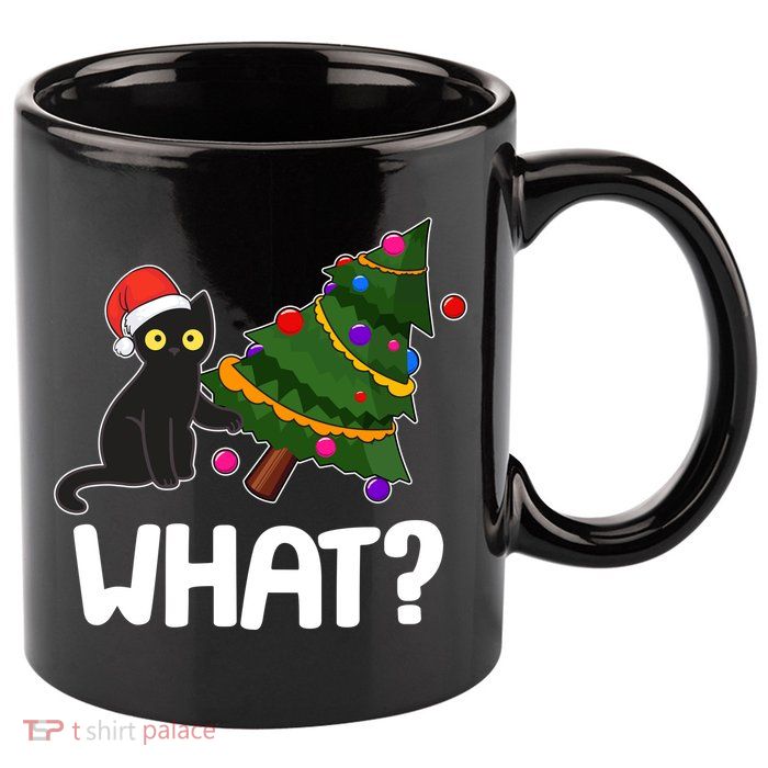 What? Bad Cat Knocking Over Christmas Tree 11oz C Handle Ceramic Mug