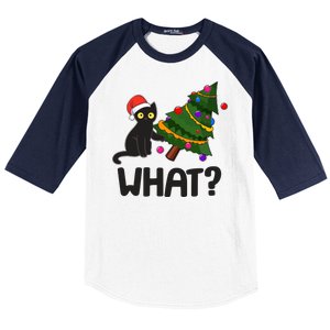 What? Bad Cat Knocking Over Christmas Tree Baseball Sleeve Shirt