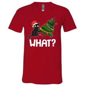 What? Bad Cat Knocking Over Christmas Tree V-Neck T-Shirt