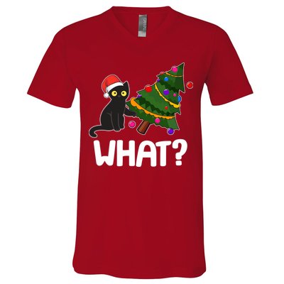 What? Bad Cat Knocking Over Christmas Tree V-Neck T-Shirt