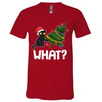 What? Bad Cat Knocking Over Christmas Tree V-Neck T-Shirt