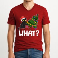 What? Bad Cat Knocking Over Christmas Tree V-Neck T-Shirt