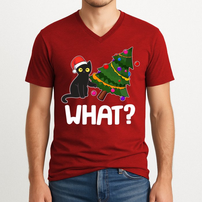 What? Bad Cat Knocking Over Christmas Tree V-Neck T-Shirt
