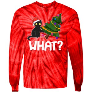 What? Bad Cat Knocking Over Christmas Tree Tie-Dye Long Sleeve Shirt