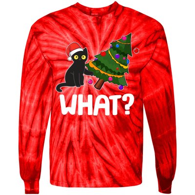 What? Bad Cat Knocking Over Christmas Tree Tie-Dye Long Sleeve Shirt