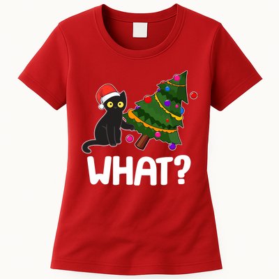 What? Bad Cat Knocking Over Christmas Tree Womens T-Shirt