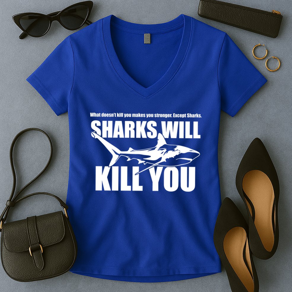 What Doesn't Kill You Makes You Stronger Except Sharks Women's V-Neck T-Shirt