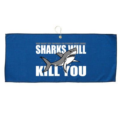 What Doesn't Kill You Stronger Except Sharks Large Microfiber Waffle Golf Towel