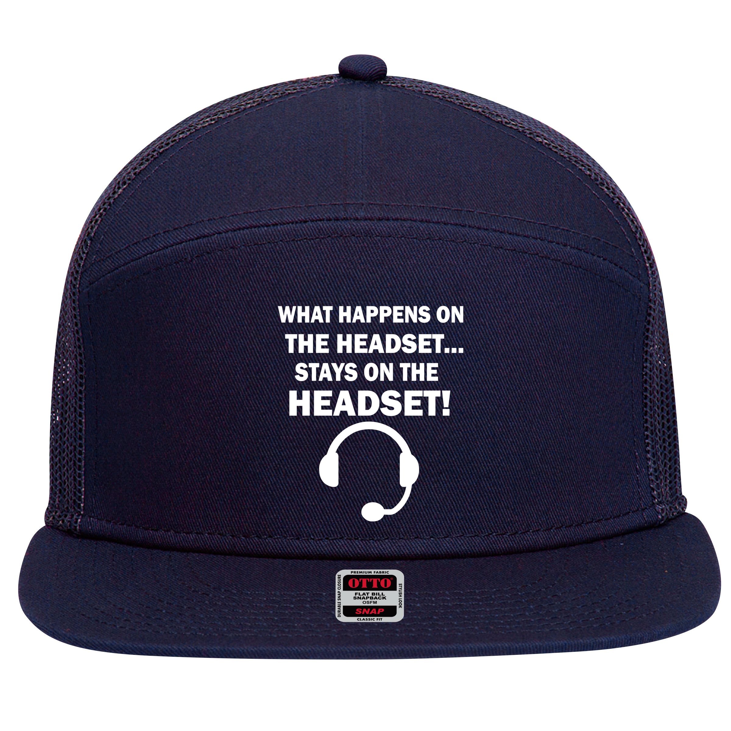 What Happens On The Headset Stays Gamer 7 Panel Mesh Trucker Snapback Hat