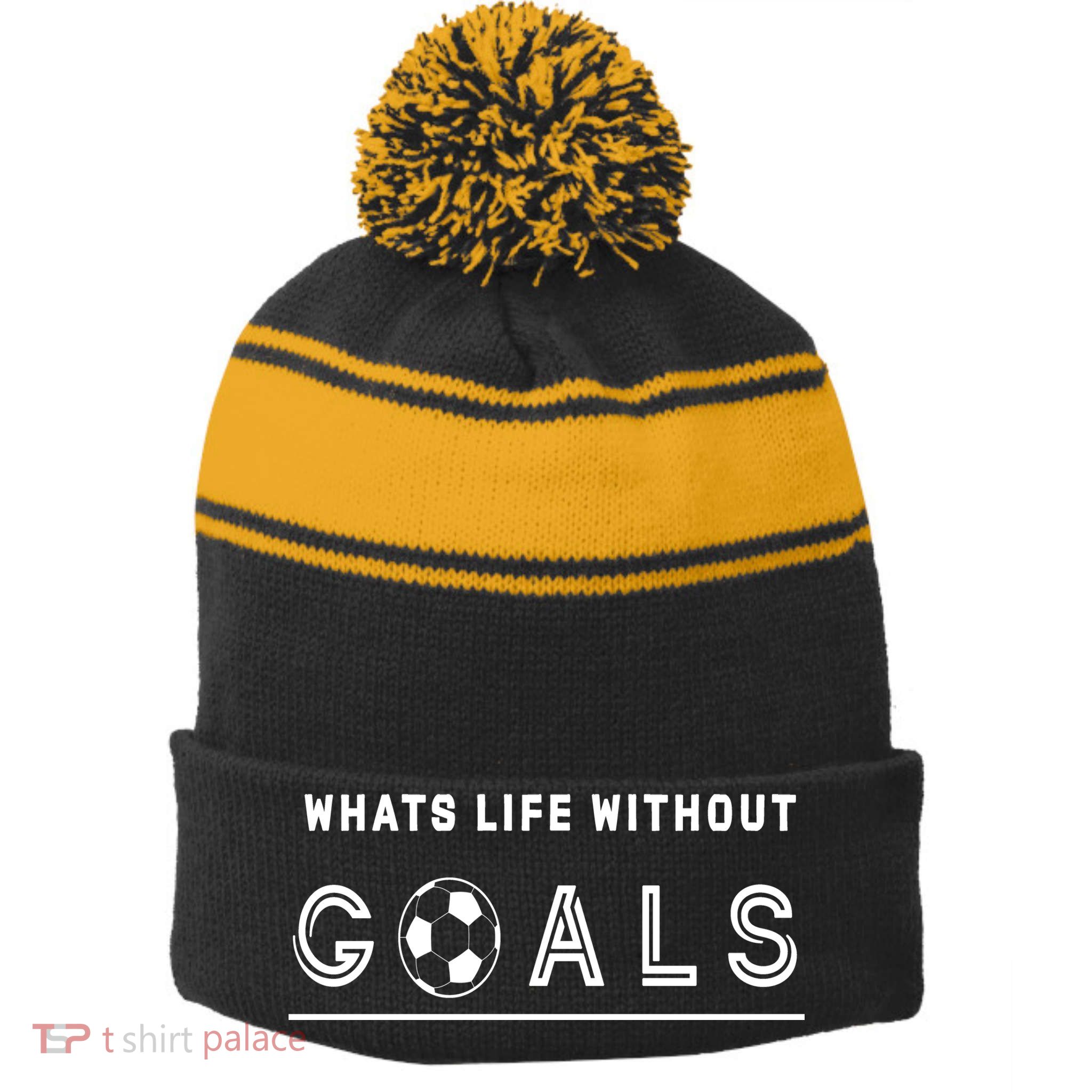 What's Life Without Goals Soccer Stripe Pom Pom Beanie