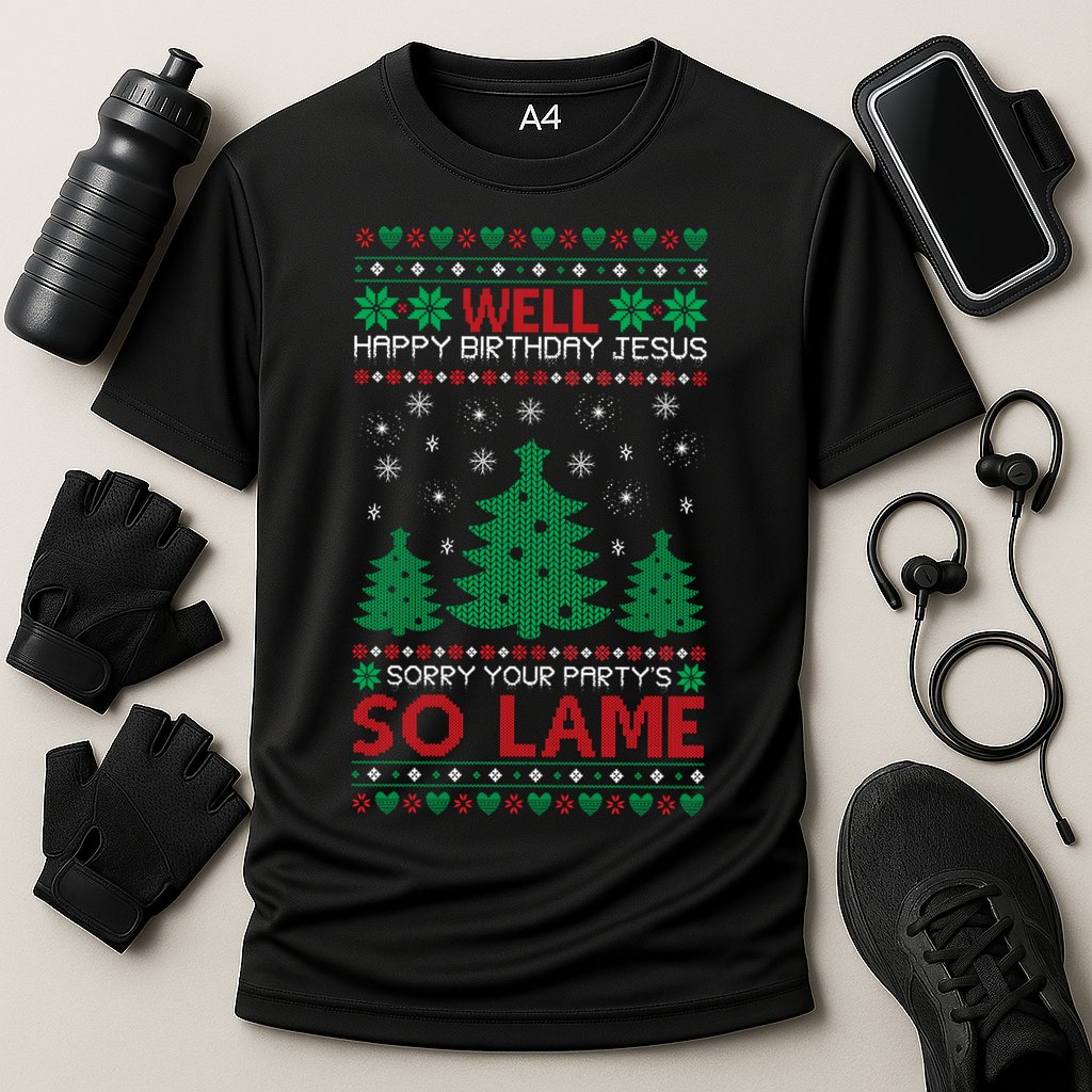 Well Happy Birthday Jesus Sorry Your Party's So Lame Christmas Sweater Cooling Performance Crew T-Shirt
